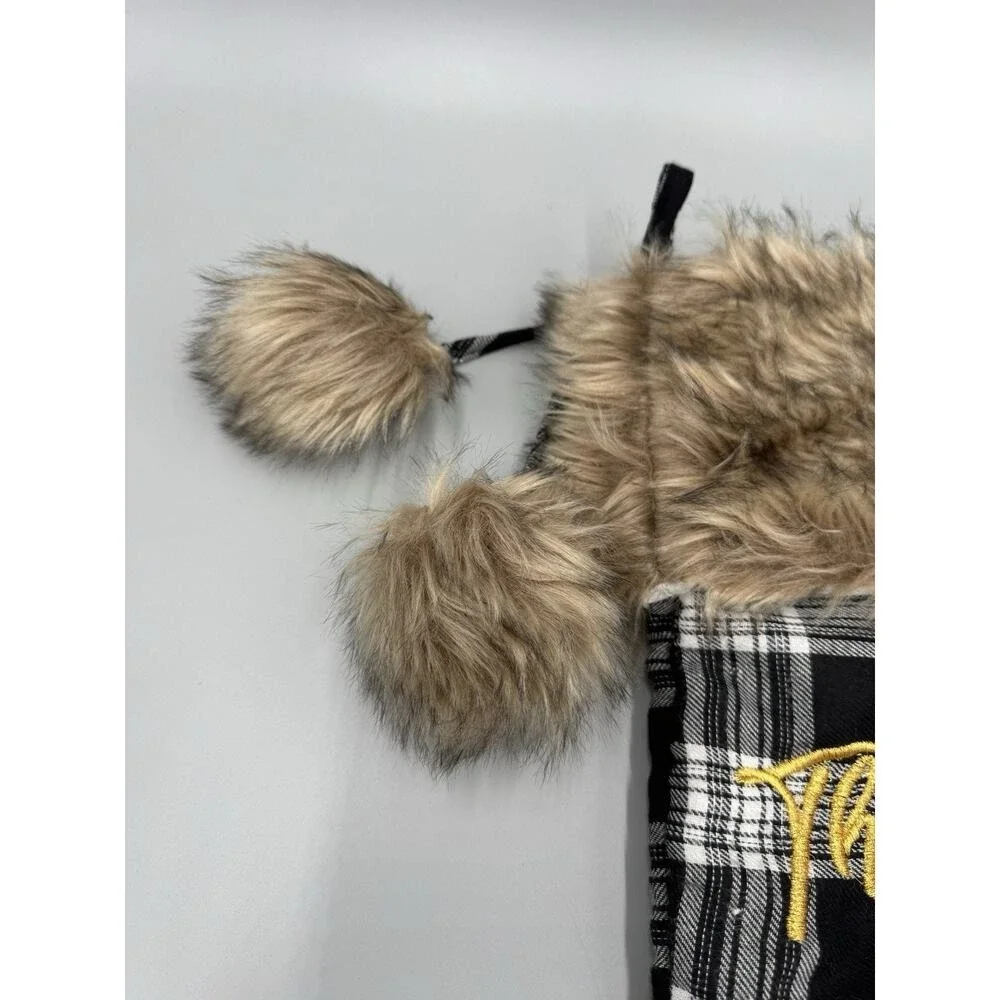 Christmas Stocking With Faux Fur Black & White Plaid 